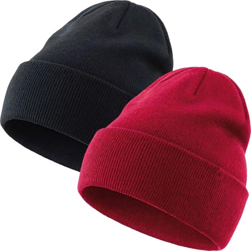 100% Cotton Beanie Hat Winter Hats Women Men Warm Knit Beanies - color: 2pcs-(black + Red)