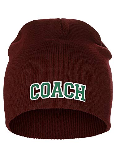 I&W Sports Team Coach Arch Letters Winter Knit Cuffless Beanie 3D Raised Layers - color: Burgundy Beanie White Green