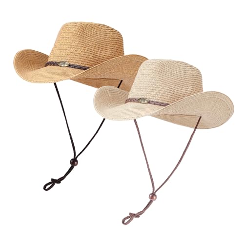 Straw Cowgirl Hat for Women Cowboy Hats for Men Wide Brim Sun Hat Shapeable Western Hat Beach Hat - color: Beige+brown