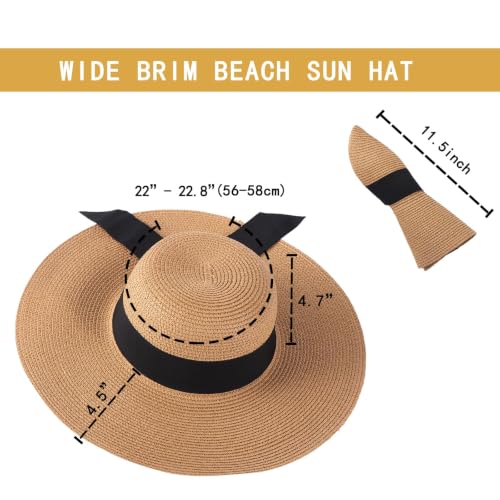 Women's Straw Sun Hat UPF80 UV Protection Foldable Wide Brim Summer Hat Sweatband Adjustable Floppy Beach Hats for Women - color: Khaki-foldable