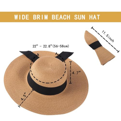 Women's Straw Sun Hat UPF80 UV Protection Foldable Wide Brim Summer Hat Sweatband Adjustable Floppy Beach Hats for Women - color: Khaki-foldable