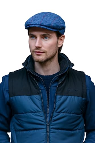 Mucros Weavers Irish Flat Cap Men Trinity Tweed Hat Driving Cap Made in Ireland - color: Blue Herringbone, size: Medium