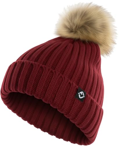 Funky Junque Women’s Winter Detachable Pom Beanie – Warm Knit Hat with Removable Faux Fur Pom, Soft Stretch Acrylic Cozy Cap - color: Burgundy