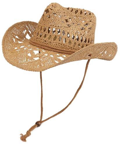 Straw Cowboy Hat for Women and Men with Shapeable Wide Brim Sun Beach Western Cowgirl Hat - color: Khaki