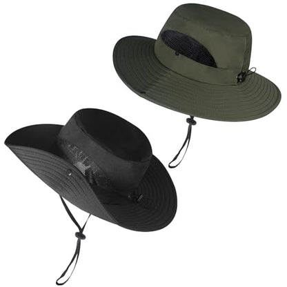 ZOORON Sun Hats for Men Women, Wide Brim Safari Hats UV Protection UPF50+ Waterproof Boonie Hats for Fishing Hiking Camping - color: 2pack-black+army Green