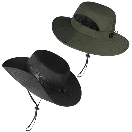 ZOORON Sun Hats for Men Women, Wide Brim Safari Hats UV Protection UPF50+ Waterproof Boonie Hats for Fishing Hiking Camping - color: 2pack-black+army Green