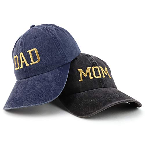 Trendy Apparel Shop Capital Gold Thread Mom and Dad Pigment Dyed 2 Pc Cap Set - color: Black Navy