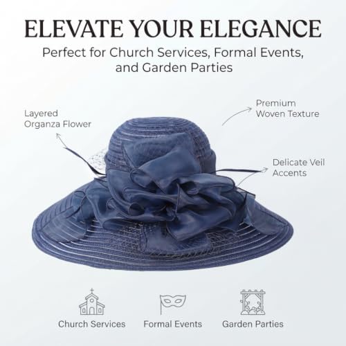Wide Brim Church Hat for Women with Organza Flower Accent Ladies Dress Hat - color: Navy
