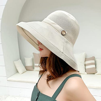 Women Wide Brim Sun Hats Metal Wired Edge Summer UV Protection Beach Fishing Hat for Hiking Garden Travel Chin Strap - color: B1-fyu001-beige, size: One Size