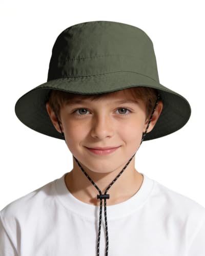 Kids UPF 50+ Waterproof Sun Hat, Packable Wide Brim Bucket Hat - color: Army Green