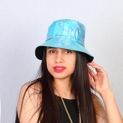 Unisex Black Bucket Hat Waterproof Rain Hat Reversible Shiny Rave Bucket Hat for Concert Festival - color: B5: Blue