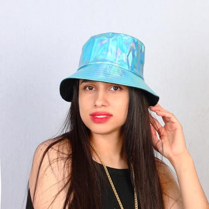 Unisex Black Bucket Hat Waterproof Rain Hat Reversible Shiny Rave Bucket Hat for Concert Festival - color: B5: Blue