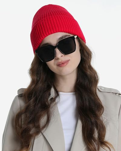 Wool Beanie for Men Women, Seamless Knit Cuffed Warm Winter Hats - color: 1pcs-red