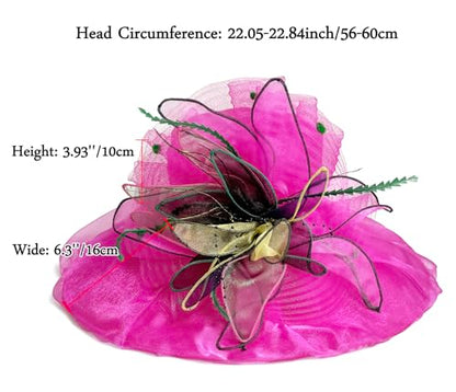 Women Derby Fascinator Hat Organza Church Wedding Hats Wide Brim Cocktail Tea Party Hat - color: 37fuchsia
