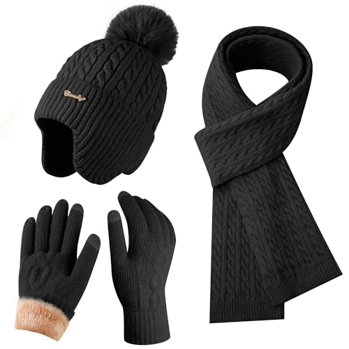 Winter Hat Scarf Gloves Set for Women, Classic Cable Beanie with Removable Pom Pom Long Scarf Touchscreen Gloves 3 in 1 Set - color: Black Earmuffs