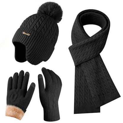 Winter Hat Scarf Gloves Set for Women, Classic Cable Beanie with Removable Pom Pom Long Scarf Touchscreen Gloves 3 in 1 Set - color: Black Earmuffs