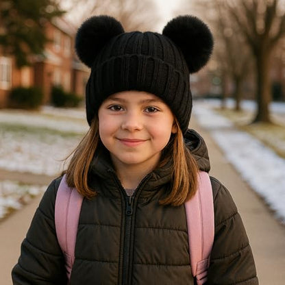 Toddler Winter Knit Hat Upgrade Fleece Lined Pompom Ears Beanies Cap for Boys Girls 3-12 Years - color: New Black