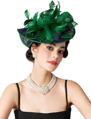 ORIDOOR Women Fascinators Derby Church Tea Party Wedding Flower Feathers Headpiece with Headband Clips - color: 02-dark Green