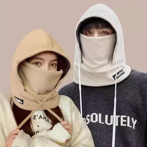 Winter Fleece Ski Mask for Men Women Balaclava Face Mask Windproof Thermal Hood Winter Full Face Neck Cover Warmer - color: Beige White Logo