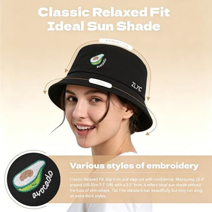 ZLYC Cotton Bucket Hat for Women Men Embroidered Packable Summer Sun Cap - color: Black Avocado