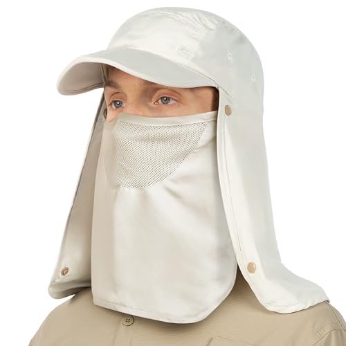 SUN CUBE Fishing Sun Hat with Neck Flap & Face Cover, Wide Brim UPF50+ Cap - color: Beige