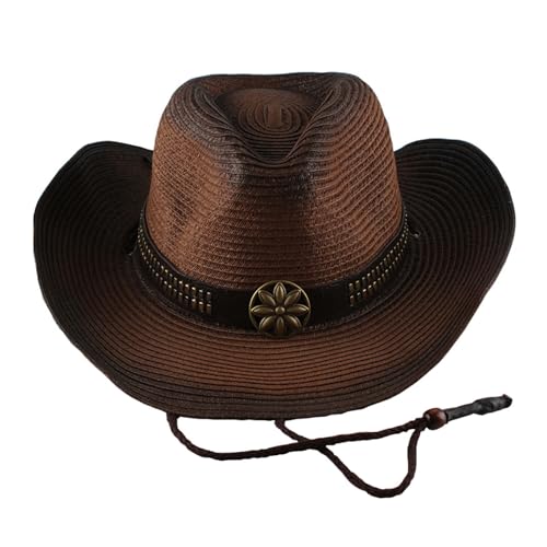 Cowboy Straw Hats，Classic Felt Wide Brim Western Style Hat & Cowgirl Hat with Buckle Women and Men - color: Coffee