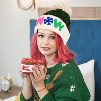 Christmas Merry Beanie for Women Winter Crochet Hat Chunky Cable Knit Pompom Santa Hat - color: Green-snow