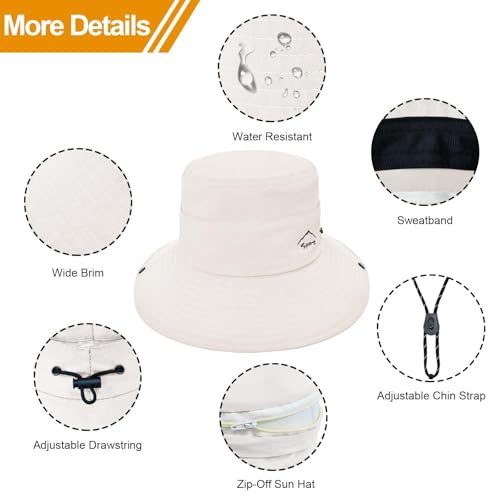 Sun Hats for Women Bucket Hat UV Protection Fishing Hat Wide Brim Safari Hats 2 in 1 Zip-Off Sun Visor Hats UPF 50+ - color: With One Pair Cooling Sleeves-1pack-beige