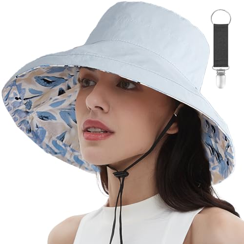 vidsel Womens Sun Hats Wide Brim Reversible Bucket Cotton Hat with Hat Clip - color: Blue, size: Medium