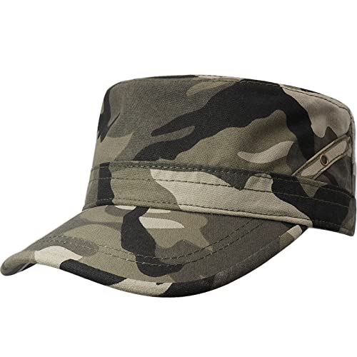 Unisex Cadet Army Cap Adjustable Flat Top Cap Washed Cotton Military Hat Baseball Cap - color: Camo