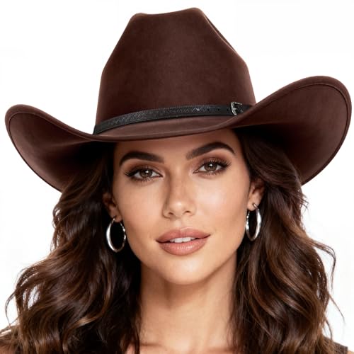 WAYCOM Western Cowboy Hat for Women: Wide Brimmed for Cowgirl - 2 Decorative Band for Men - Felt Hats for Party/Festival - color: Brown, size: Large-X-Large