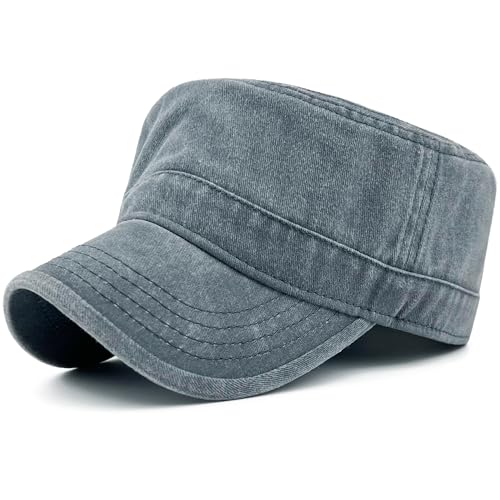 Washed Cotton Military Hat Cadet Cap Army Flat Top Basic Everyday - color: Lightgrey, size: Medium-Large