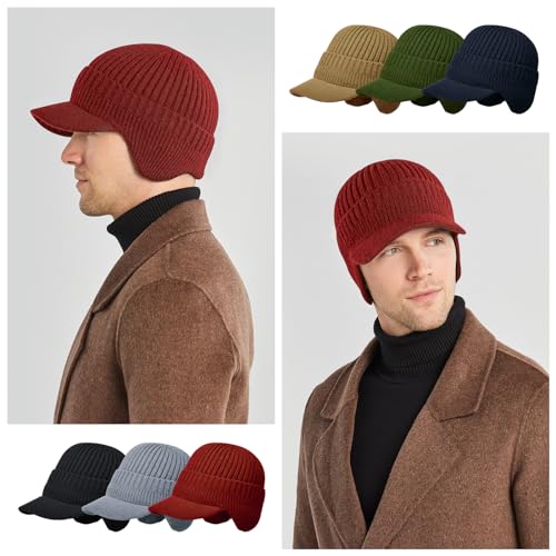 Men's Winter Hat with Brim, Warm Earflaps Hat for Men, Thick Fleece Lined Knit Winter Beanie Outdoor - color: Claret