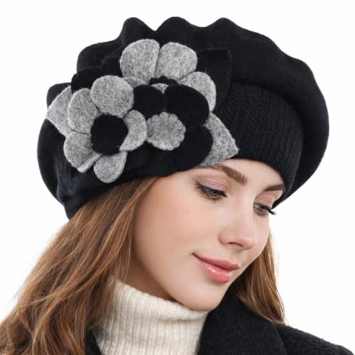 Lady French Beret 100% Wool Beret Chic Beanie Winter Hat HY023 - color: Black