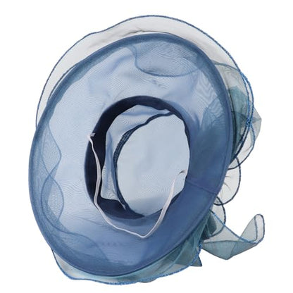 AQOKKA Women Organza Church Fascinators Kentucky Derby Hats for Women and Girls Wedding Flower Tea Party Hat with Wide Brim - color: Simulated Flower : Navy