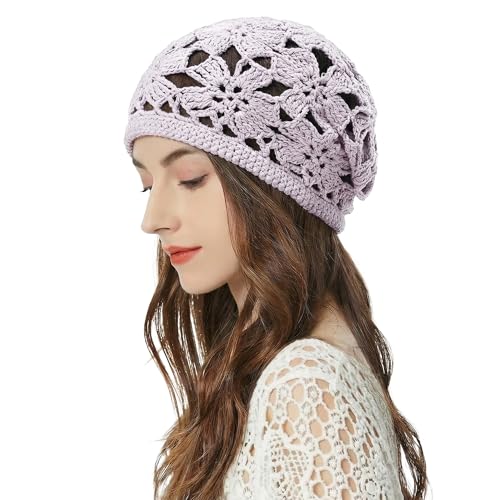ZLYC Women Cotton Crochet Slouchy Beanie Hat Handmade Knit Summer Skull Cap - color: Crochet Purple