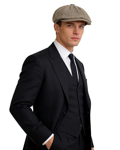 Adult 1920s Newsboy Cap for Men British Gangster Style Costume Baker Wool 8-piece Cap Halloween - color: Brown Herringbone, size: L (23.6")