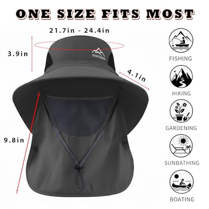 Sun Hat for Men & Women, Breathable Wide Brim Outdoor Fishing Hat with Face Cover & Neck Flap - color: Dark Gray