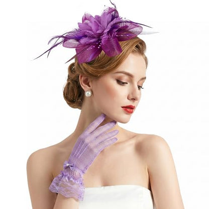 Fascinators Hats with Lace Gloves for Women Headband for Tea Party Wedding - color: Purple