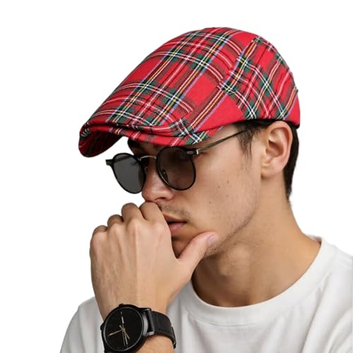 Men's Breathable Flat Plaid Ivy Newsboy Cabbie Gatsby Golf Driving Hat Cap - color: 666red