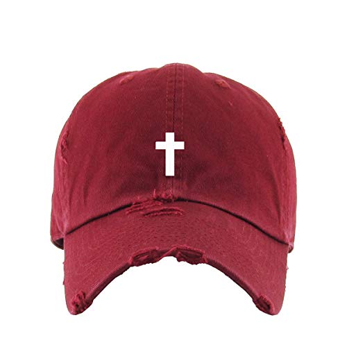 Cross Vintage Baseball Cap Embroidered Cotton Adjustable Distressed Dad Hat - color: Maroon