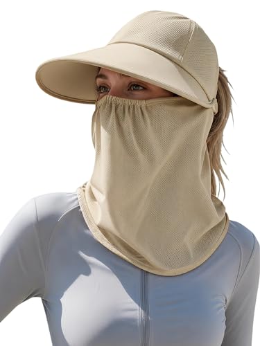 Outdoor Wide Brim Sun Hat Visor for Women, Detachable Face & Neck Cover, Hiking Gardening UPF 50+, Ponytail Friendly - color: Light Khaki