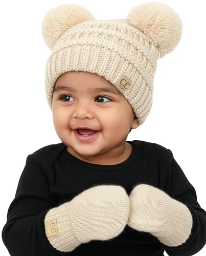 Funky Junque Baby Double Faux Fur Pom Pom Beanie & Mittens Set – Newborn Infant 0–9 Months Winter Hat with Soft Lined Mittens - color: Beige (0-9 Mo)