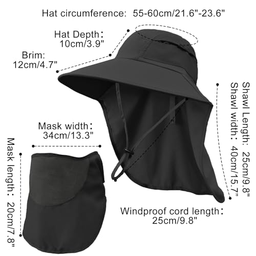 Sun Hats for Men Women Detachable Face Cover Wide Brim Fishing Hats with Neck Flap UPF 50+ Outdoor Safari Hats - color: Black