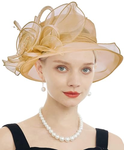 Women's Kentucky Derby Church Dress Hat Wide Brim Leaf Flower Bridal Shower Hat - color: F1-gold