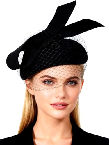 HIMESPORT Women Ladies Wool Felt Derby Fascinator Hats Wedding Bridal Tea Party Formal Femme Pillbox Hat with Veils Bow - color: Black