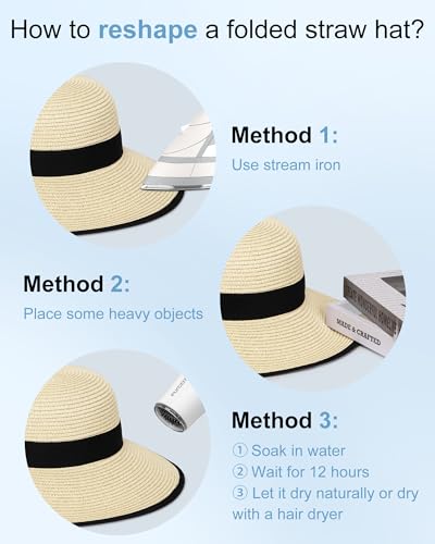 Sun Straw Hats for Women, Wide Brim Summer Beach Hat - color: Beige Black, size: Large