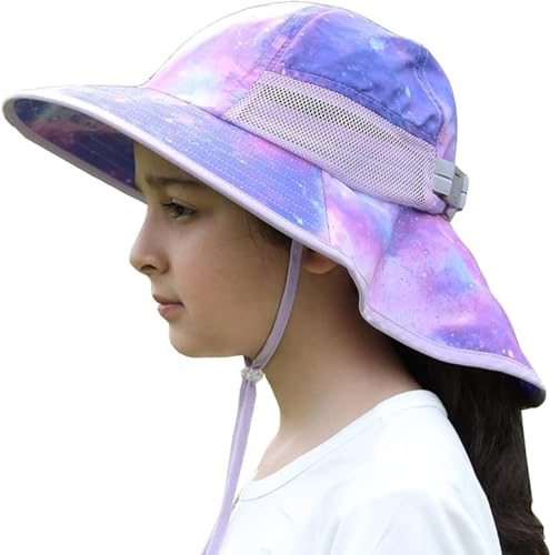 icolor Kids Sun Hat UPF50+ Sun Protection Bucket Hat Toddler Summer Beach Play Hats with Neck Flap for Girl Boy Ages 3~10 - color: Pinkgalaxy