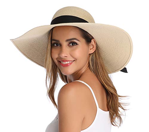 Lanzom Womens Wide Brim Straw Hat Big Floppy Foldable Roll up Cap Beach Sun Hat UPF 50+ - color: Bowknot-beige