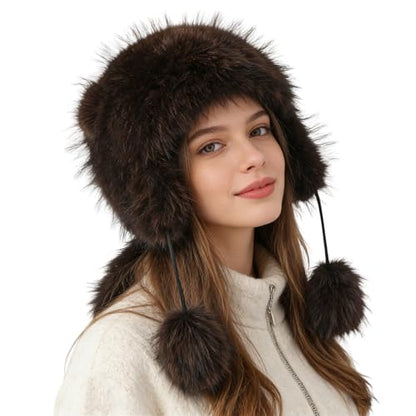 Raccoon Tail Parent-Child Plush Hat Warm Faux Fur Animal Hat with Tail - color: Adult Style-coffee